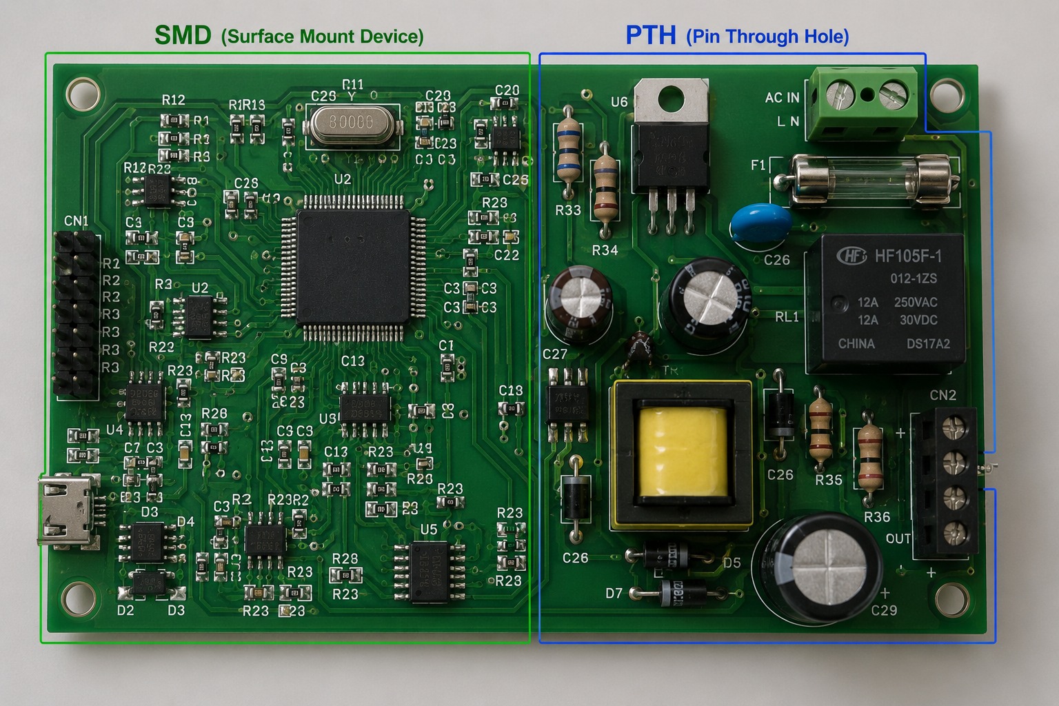 Placa eletrônica com componentes SMD e PTH