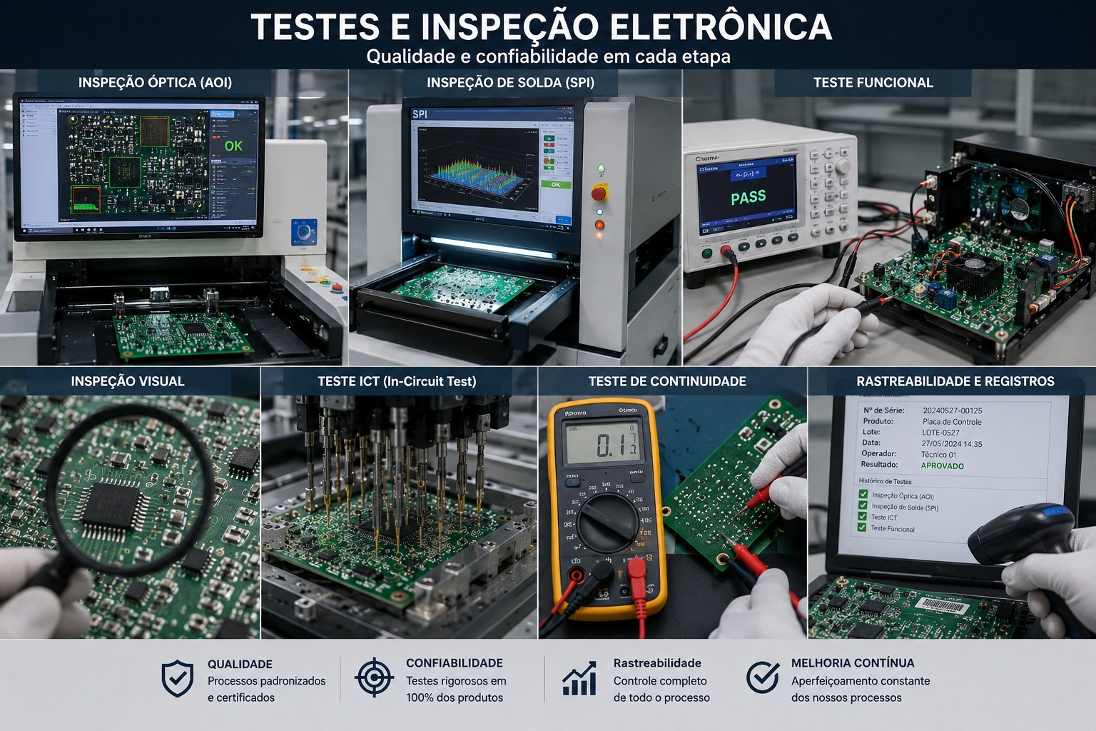 Testes e inspeção eletrônica em placas e equipamentos